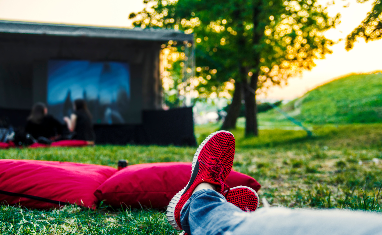 Relaxation Watching Movie in open Cinema outdoor